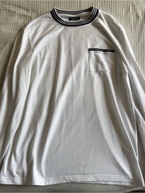Alfani White Long-Sleeve Pocket Tee with Black Trim